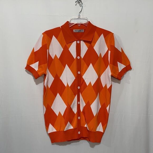 GRACE Karin button front knit shirt short sleeves orange/white argyle men small - Picture 1 of 8